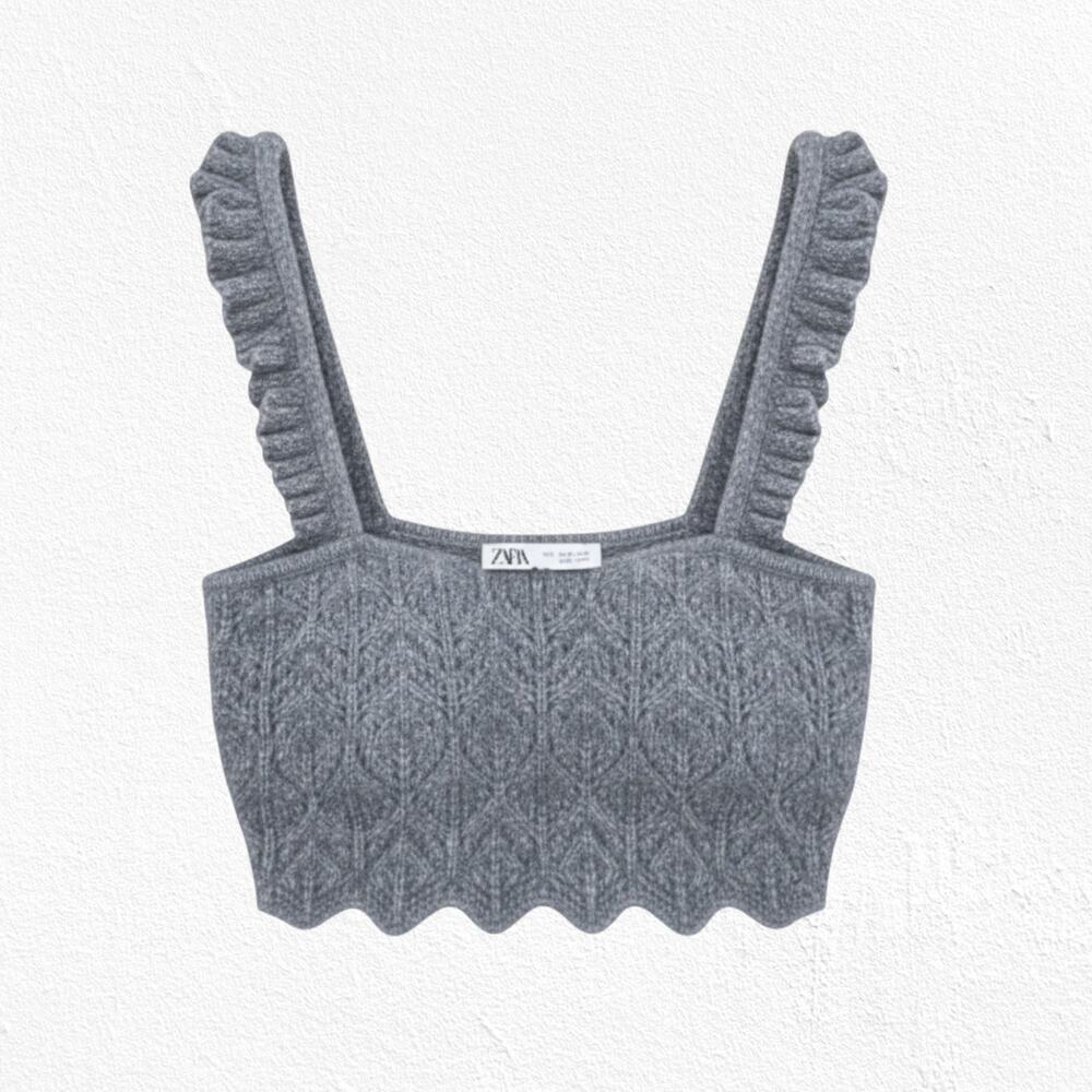 Zara Knit Crop Top Gray Cable Ruffle Strap Scalloped Hem Size Small